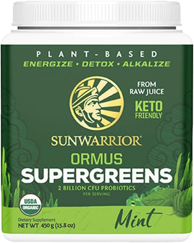 Sunwarrior Vegan Organic Greens Probiotic Powder | 2 Billion CFU Probiotics Organic Raw Juice Soy Free Gluten Free Dairy Free Sugar Free Kosher | Mint 90 Servings | Ormus Supergreens