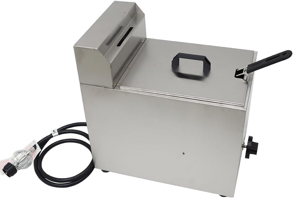 INTBUYING 6L Commercial Deep Fryer Single Tank LPG Gas Chips Stainless Steel Fryer with Fry Basket French Fries Fried Potato Chicken Frying Machine with Gas Regulator Valve