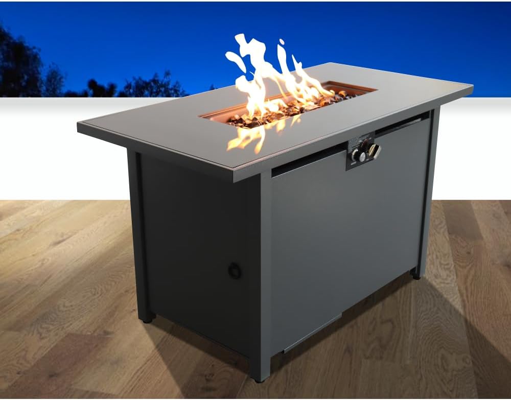 Modern Steel Outdoor Fire Pit Table with Push Button Ignition and Heat Resistant Glass Top for Patio or Deck