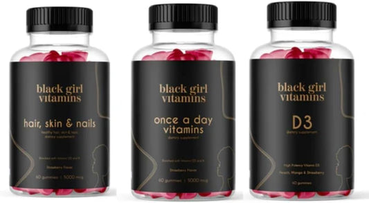 Black Girl Vitamins Look Good Feel Good Bundle – Hair Skin & Nails, Vitamin D3 2000IU & Once a Day Multivitamin - Women's Supplement Bundle – Energy, Immunity & Beauty Support