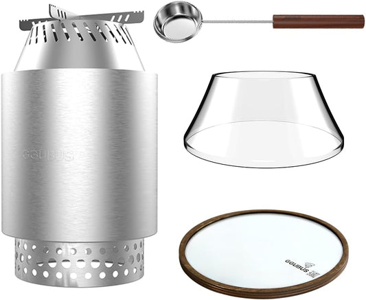 GGUBUS Your Stove Dual Combustion Round Fire Pit \u2013 Portable 304 Stainless Steel Outdoor Grill, Glass Fire Ring, Tool-Free, Low-Smoke, Compact Storage (Stove, Fire Ring, Scoop, Top Stand Set)