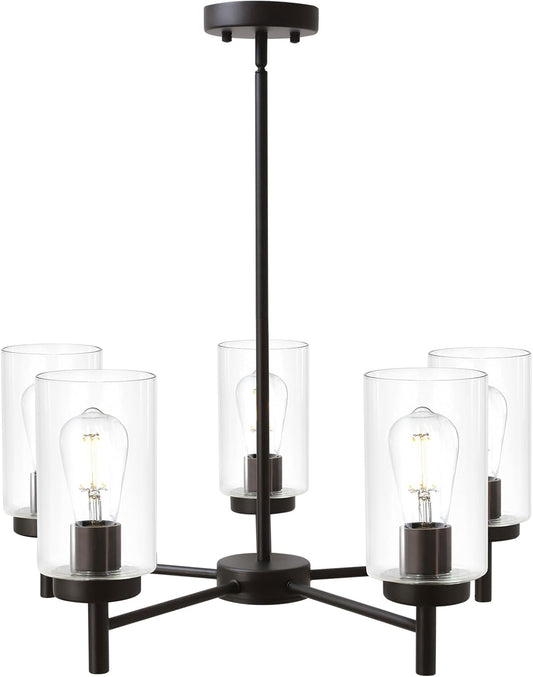 Wanluce 5 Lights Contemporary Glass Chandelier Oil Rubbed Bronze Modern Dining Room Light Fixtures Over Table w\/Clear Glass, Ceiling Hanging Farmhouse Pendant Lights for Kitchen Island Entryway Foyer