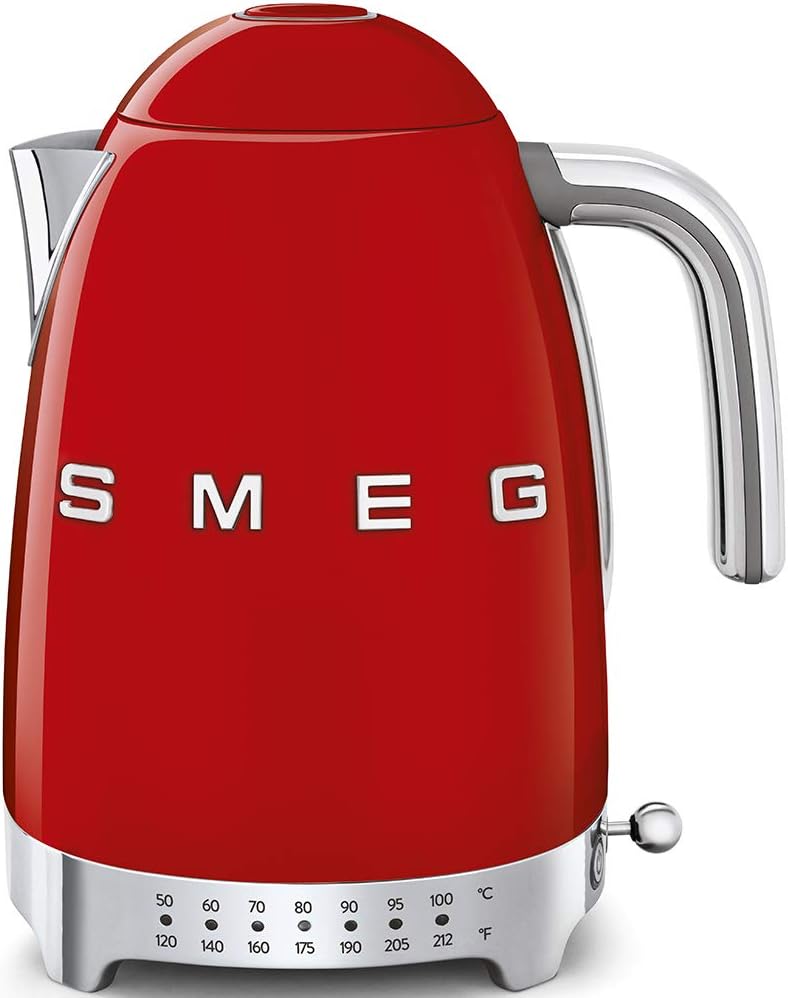 SMEG 7-Cup Variable Temperature Electric Kettle - Retro Style Aesthetic with Advanced Technology - Stainless Steel, 1400W, 120V, 360° Swivel Base, Keep Warm Function (Red)