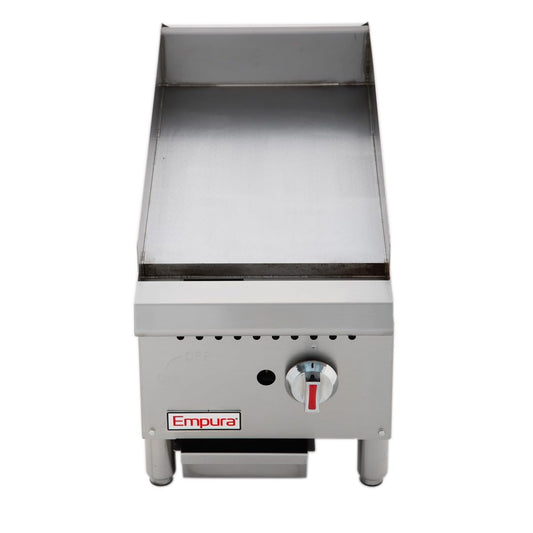 EMPURA 12" Countertop Gas Griddle | Portable Flat Top Sandwich Griller with Mild Steel 1" Plate for Teppanyaki Cafe Buffet | (1) U-Style Burner, 30,000 BTU | 12"W x 29.96"D x 16.02"H, Stainless Steel