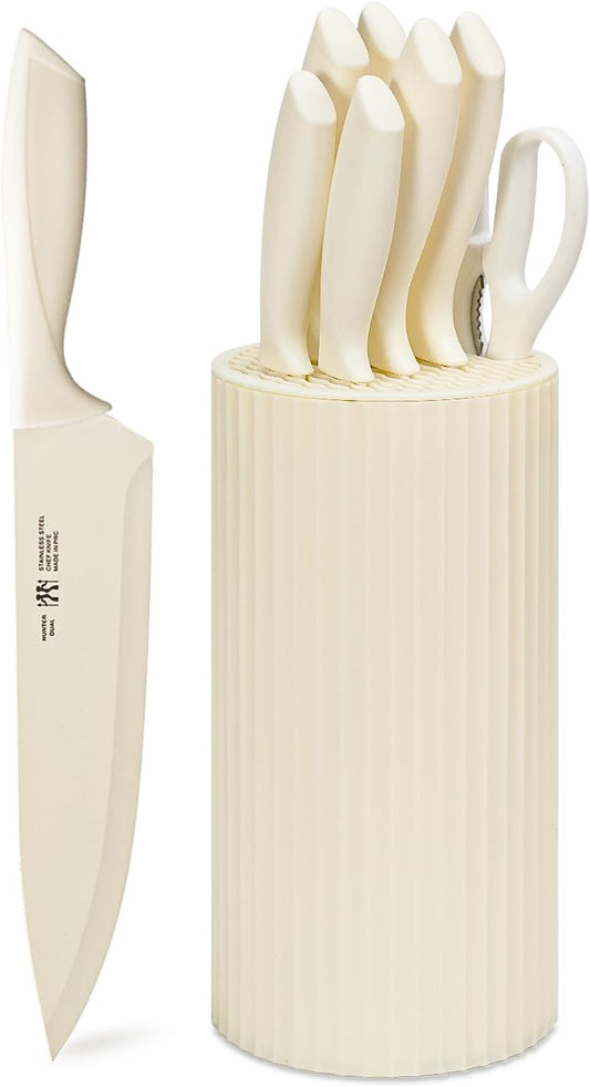 HUNTER.DUAL Knife Set, 8-Piece Kitchen Knife Set for Chef, Sharp Knife Set with Universal Knife Block, Anti-Rust Kitchen Knife Block Set, Ergonomical Design (White)