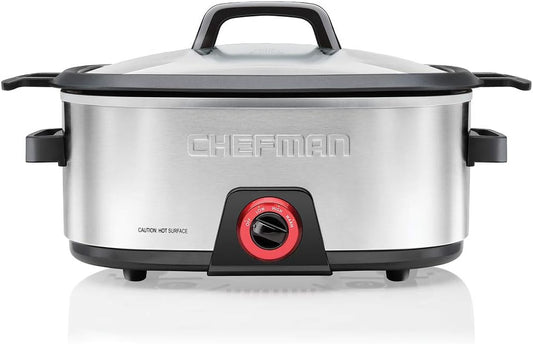 Chefman 6-Quart Slow Cooker, Electric Countertop Cooking, Stovetop & Oven-Safe Removable Insert for Browning & Sautéing, Family-Size Soups & Stews, Nonstick & Dishwasher-Safe Interior,Stainless Steel