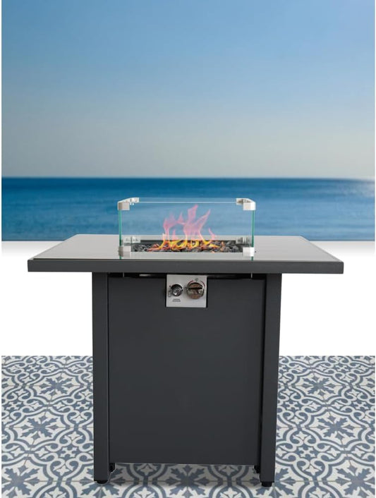 Outdoor Fire Pit Table with Lid 30 Inch Steel Propane Fire Pit for Patio Garden Backyard with Glass Wind Guard