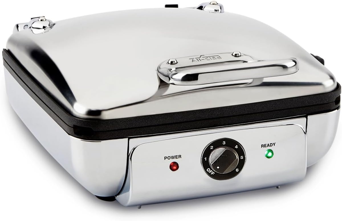 All-Clad Stainless Steel Waffle Maker 4 Section, Thick Belgium Waffle Makers, Upright Storage 1600 Watts, Nonstick, 6 Browning Levels, Dishwasher Safe