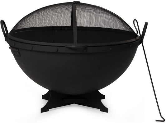 Ash & Ember 32in Hemisphere Fire Pit with Screen and Poker, Cast Iron High-Temperature Black Paint Fire Bowl, Wood Burning Backyard Fireplace, Portable Outdoor Firepit