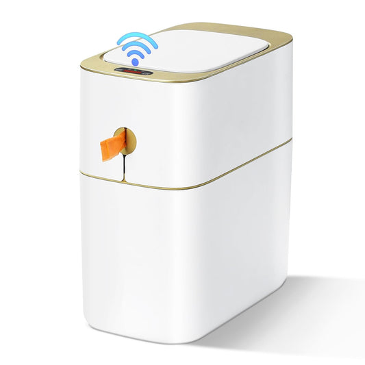 MOPALL Automatic Bathroom Trash Can with Lid, 3.1 Gallon \/ 13L Smart Motion Sensor Touchless Small Waste Basket, Slim Plastic Garbage Can for Bedroom Kitchen Office Home Toilet, White & Gold