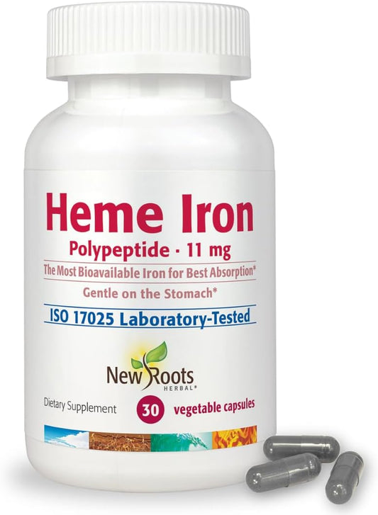 NEW ROOTS HERBAL Heme Iron Supplement with Vitamin C & B12 | Designed by Naturopathic Doctors for Best Absorption | Raise Hemoglobin & Ferritin for Women & Men, Low-FODMAP (30 Capsules)