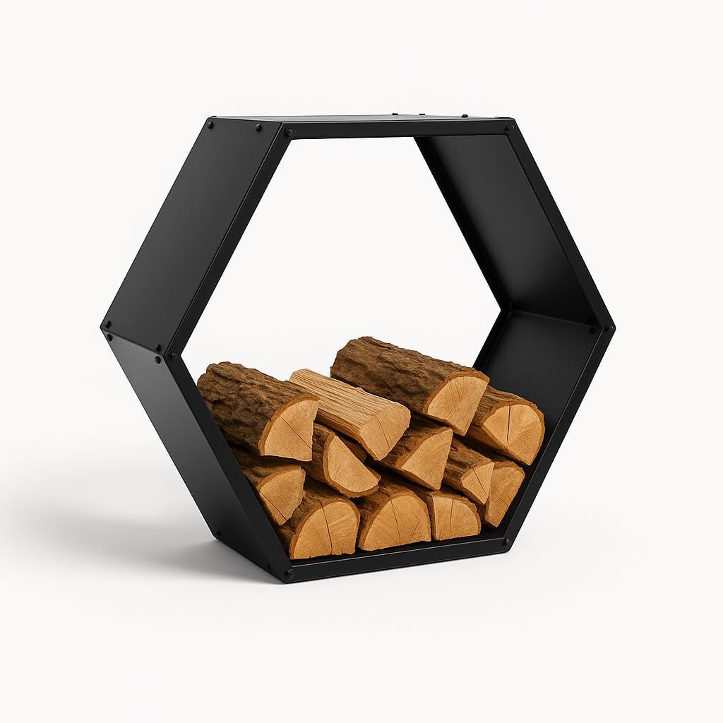 Iron Forge Tools Firewood Rack Outdoor Indoor Fire Wood Rack - 30 in. Hexagon Fire Log Holder, Powder Coated Steel Heavy Duty Firewood Holder Wood Storage Rack with Cover