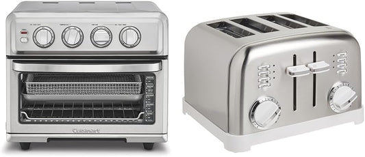 Cuisinart Air Fryer + Convection Toaster Oven, 8-1 Oven with Bake, Grill, Broil & Warm Options, Stainless Steel, TOA-70 & CPT-180WP1 4-Slice Metal Classic Toaster, White/Stainless Steel