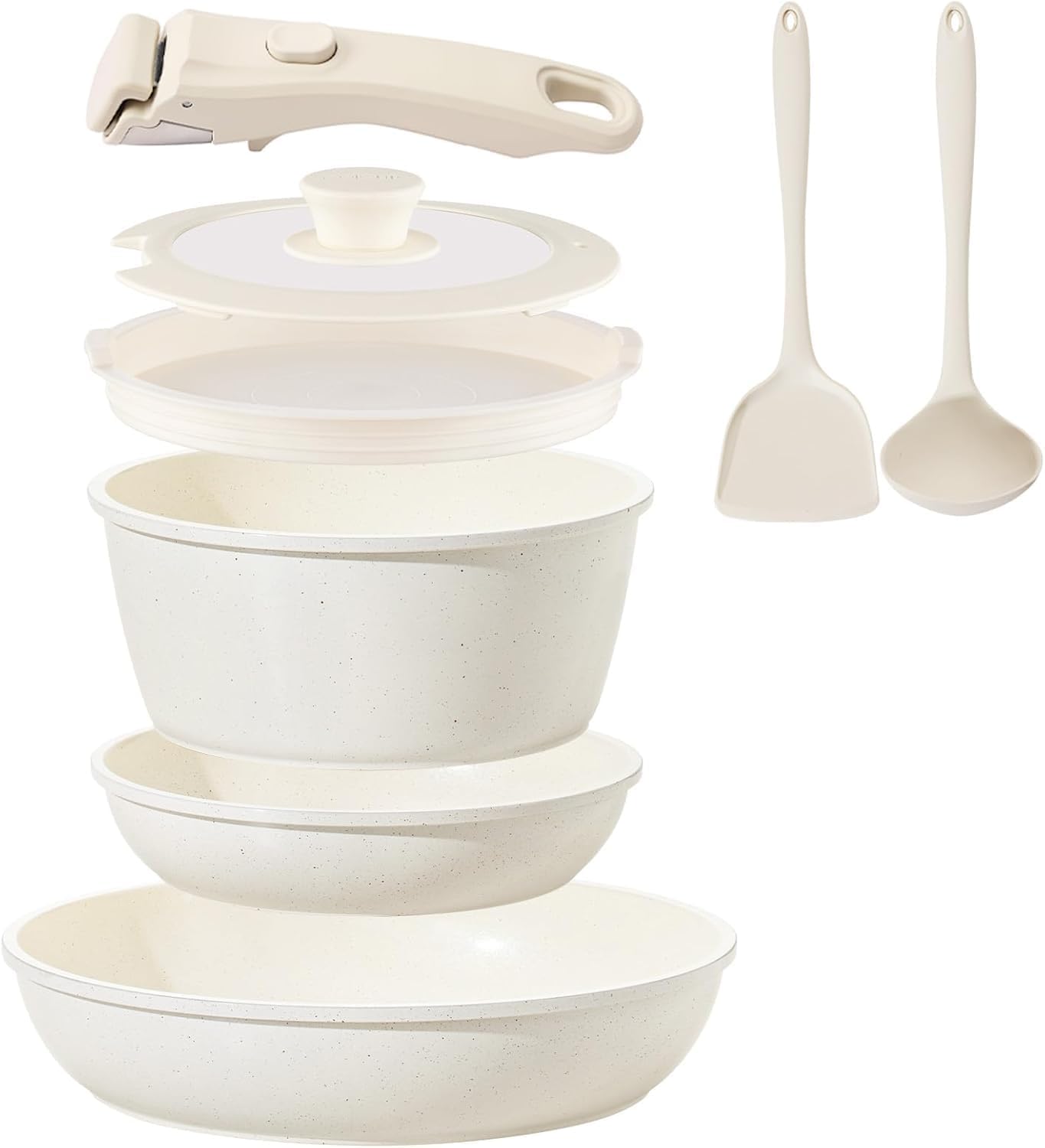 Ceramic Cookware Set Non Stick 8Pcs Pots and Pans Set Detachable Handle Induction Kitchen Cooking Set with Frying Pans Oven Dishwasher Safe, PFAS\/PFOA Free, Cream White