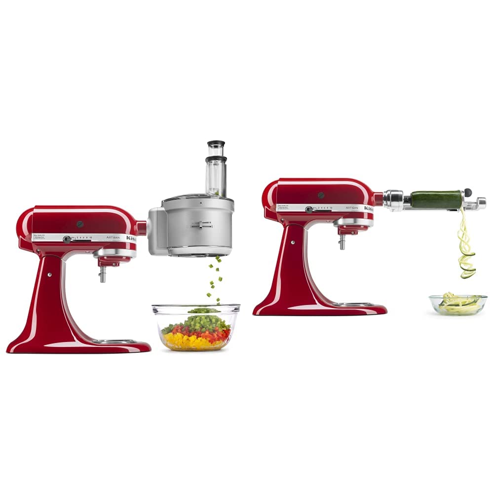 KitchenAid Spiralizer Plus Attachment with Peel, Core and Slice, Silver & KSM2FPA Food Processor Attachment, Dicing Kit, Silver