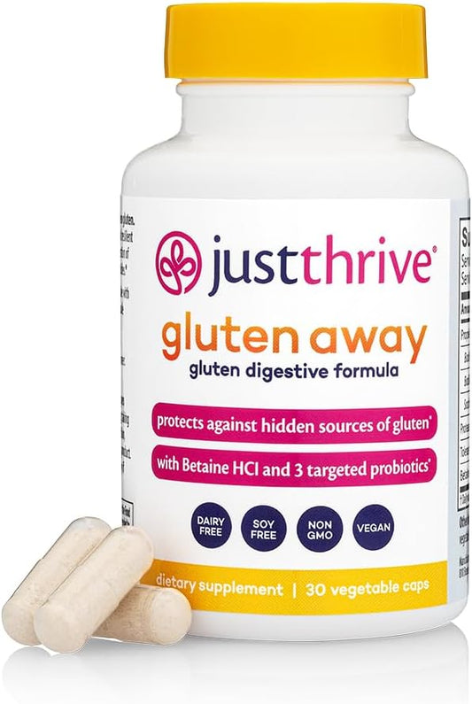 Just Thrive Gluten Away - 30 Servings Digestive Enzymes + Probiotic Support for Gluten Defense - Vegan, Gut Health Supplement