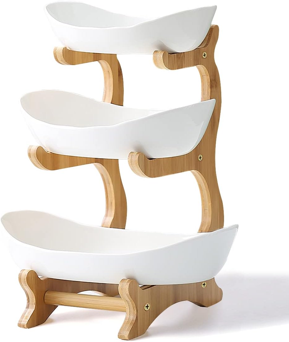 Liywall - 3 Tier Ceramic Fruit Bowl With Bamboo Wood Stand for Kitchen Counter,Porcelain Fruit Basket for Vegetable Storage,Snack Dessert Cake Tray Plate Rack for Party Wedding - White