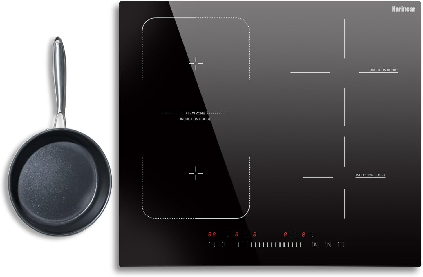 Karinear Induction Cooktop 4 Burner, 7400W 24'' Built-in Induction Stovetop with Flex Zone,Child Safety Lock, Timer, Boost, Slider Control Black Glass Electric Cooktop 240V Hard Wire(come with a pot)