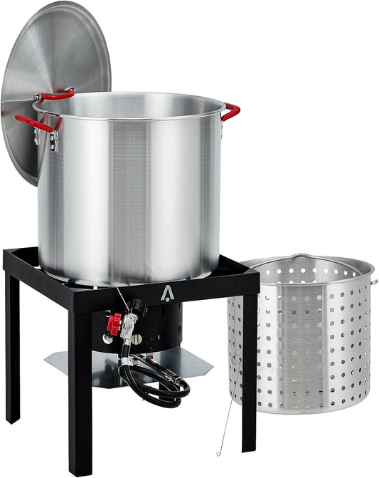 60 Qt Seafood Boiling Kit with Strainer,Outdoor Seafood Boil Pot and Basket with 110,000 BTUs Propane Burner,Aluminum Seafood Boil Pot for Outdoor Cooking Seafood Crawfish Crab Shrimp