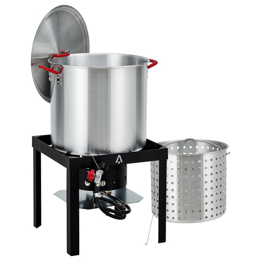 60 Qt Seafood Boiling Kit with Strainer, Outdoor Seafood Boil Pot and Basket with 100,000 BTUs Propane Burner and 10 PSI Regulator