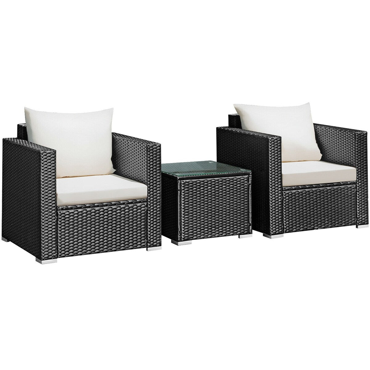 WELLFOR 3 -Piece Rattan Patio Conversation Set with White Cushions