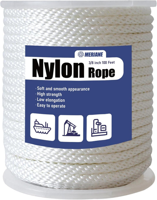 MERIANE 3\/8" Nylon Rope 100 Ft \u2013 Multipurpose Heavy Duty Rope \u2013 Abrasion & UV Resistant \u2013 Ideal Use for Camping, Clothesline, Marine Rope Flag Line - Shock Absorption Rope for Indoor Outdoor