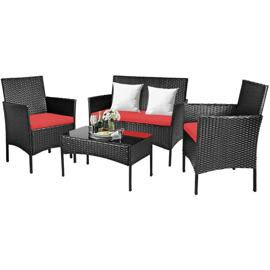 WELLFOR 4 -Piece Rattan Patio Conversation Set with Red Cushions