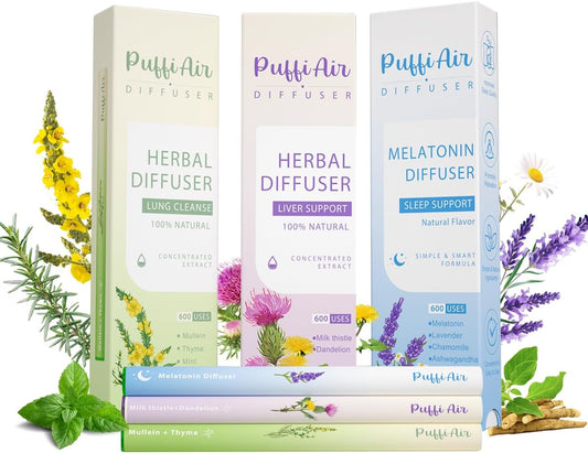 PUFFIAIR Herbal Diffuser Trio with Mullein, Milk Thistle, Lavender & More 丨Urban Wellness Trilogy for Lung Defense, Liver Balance & Nerve Relief - 600 Uses Per Stick