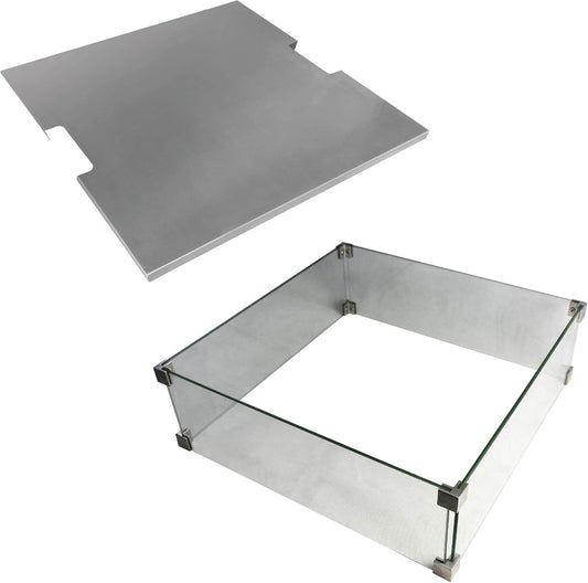 Elementi Manhattan Fire Pit Accessories Set Firepit Bundle Includes 22” Tempered Glass Wind Screen, 21” Stainless Steel Fire Pit Lid Heavy Duty Firepit Accessory Flame Guard Set
