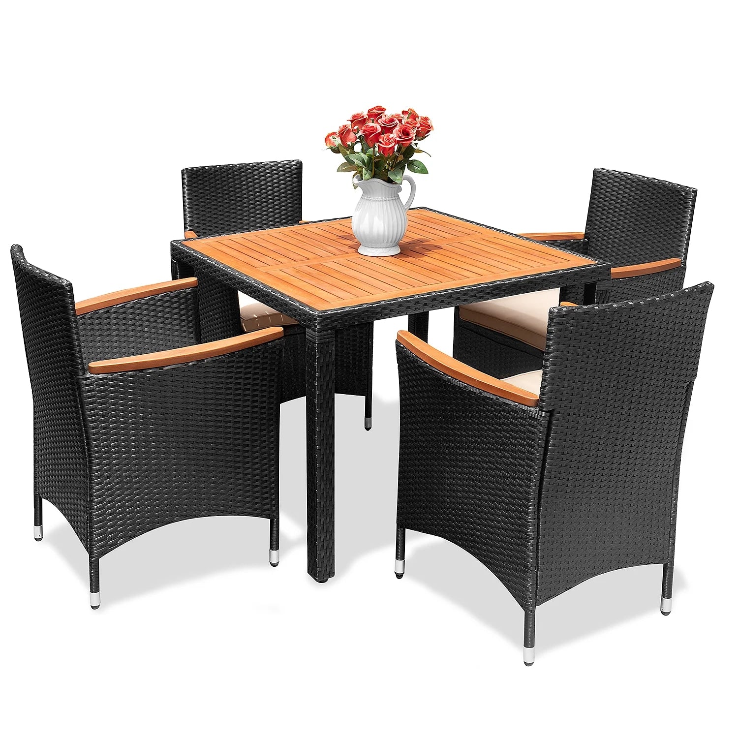 Vineego Nassau 5 -Piece Black Wicker Patio Dining Set Wicker Square Table with 4 Off-white Cushions Stationary Chairs