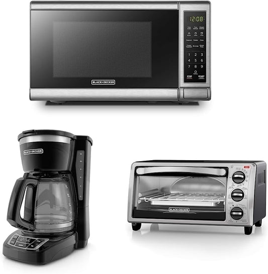 BLACK+DECKER EM720CB7 Digital Microwave Oven, 700W, Stainless Steel, 0.7 Cu.ft & CM1160B 12-Cup Programmable Coffee Maker, Black\/Stainless Steel & 4-Slice Convection Oven, Stainless Steel