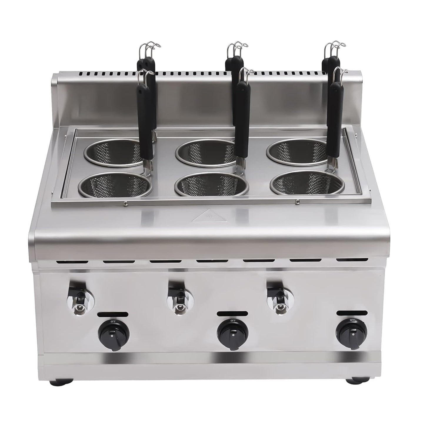 Commercial Pasta Cooker, 6 Holes Stainless Steel Noodle Cooking Machine, Gas Pasta Cooking Machine with 6 Mesh Filters and 3 Gas Knobs, Multifunctional Pasta Cooking Machine for Dumplings Noodles