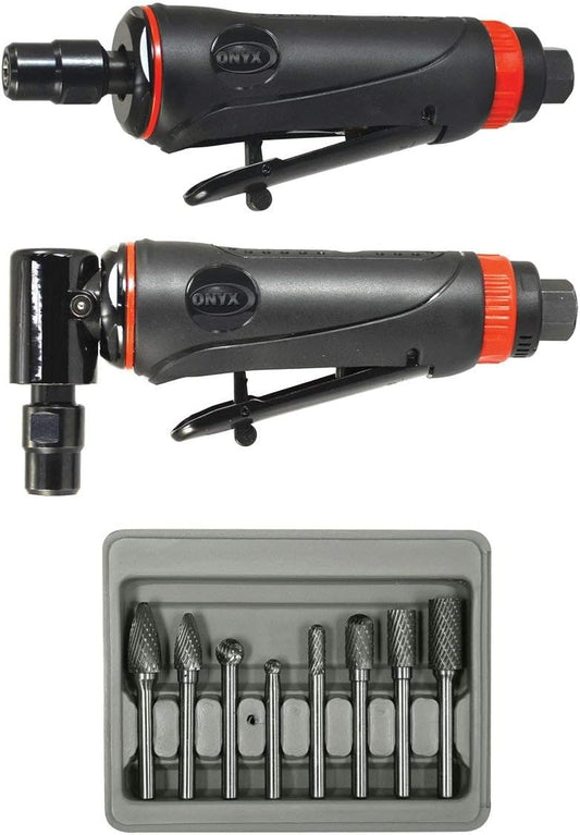 Astro Pneumatic Tool 219 ONYX 3pc Die Grinder Kit w\/ 90° Die Grinder, Die Grinder & 8pc Double Cut Carbide Rotary Burr Set