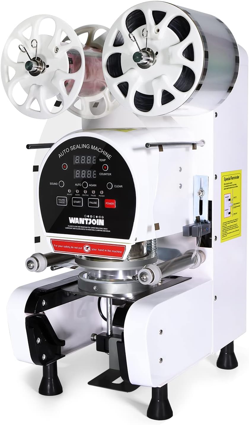 WantJoin Cup Sealing Machine Full Automatic Cup Sealer Machine 90/95mm Electric Cup Sealing Machine Digital Control LCD Panel Cup Sealer for Bubble Milk Tea Coffee (White-1)