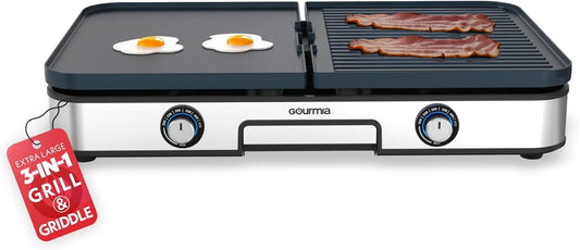 Gourmia 3-in-1 Indoor Grill/Griddle Electric Combo - 250-400°F Adjustable Dual Cooking Zones with Removable Nonstick Reversible Ceramic Plates - Non Toxic Dishwasher Safe Countertop Kitchen Appliances