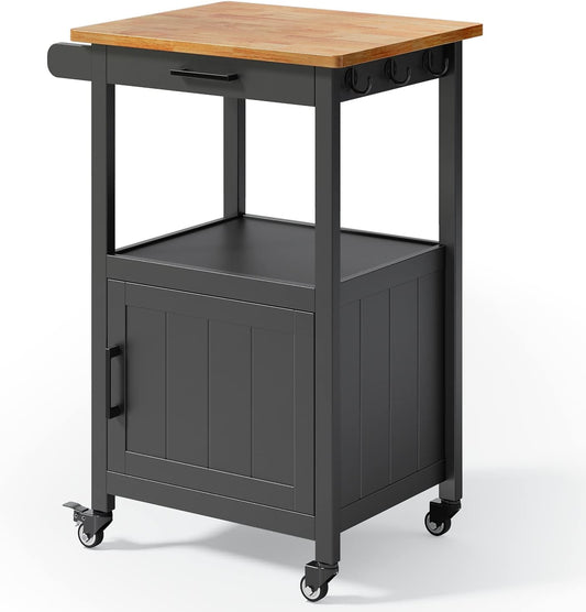 Qsun Kitchen Island Cart on Wheels with Drawer, Storage Cabinet, Shelf and Side Hook, Rolling Kitchen Cart with Rubber Wood Countertop, Microwaves Stand for Small Space, Black