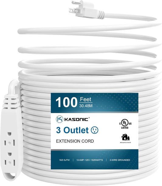 K KASONIC - 100-Feet 3 Outlet Extension Cord, UL Listed, 16\/3 SJTW 3-Wire Grounded, 10 Amp 125 V 1625 Watts, Multi-Outlet Indoor\/Outdoor Use, White