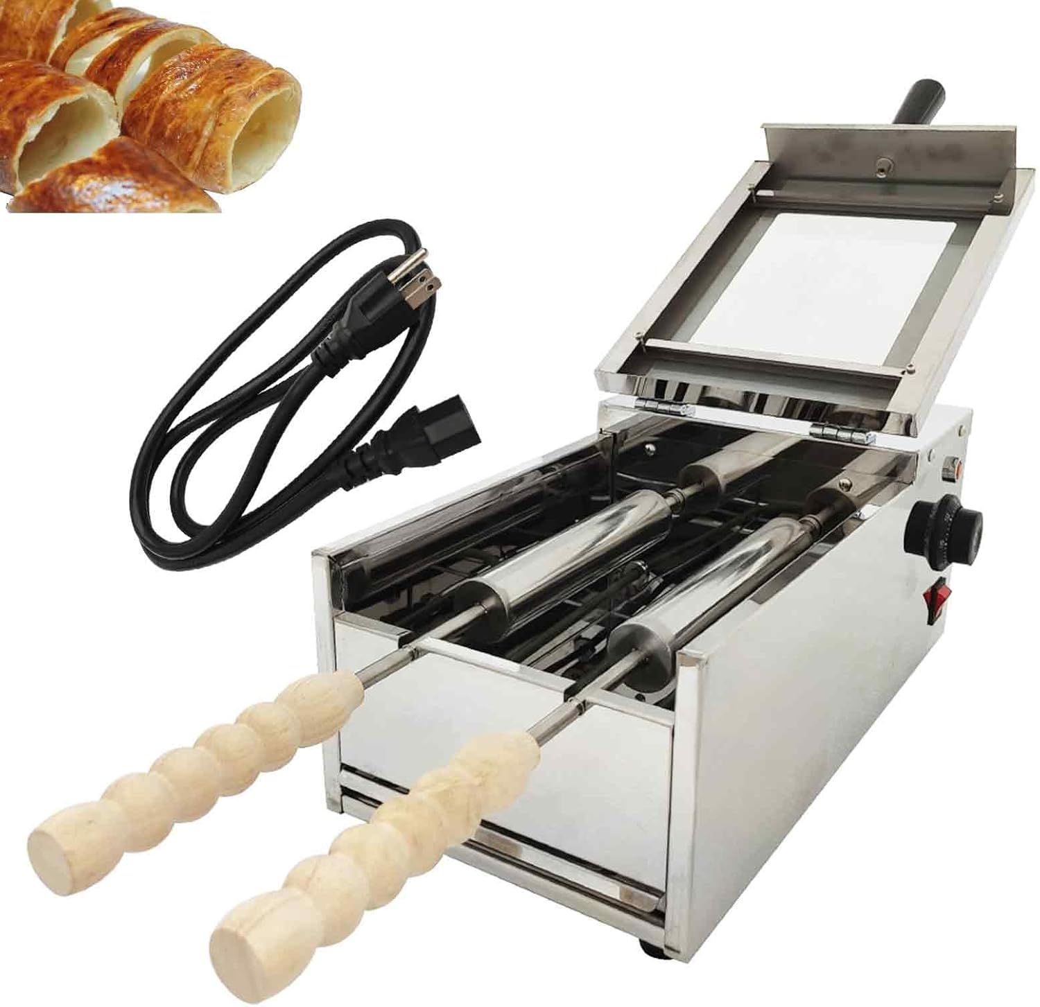 Electric Chimney Cake Maker Oven Machine, 1500W 110V Egg Roll Grill with 2Pcs Stainless Steel Roll Elements, 2 Seats, for Commercial and House Use
