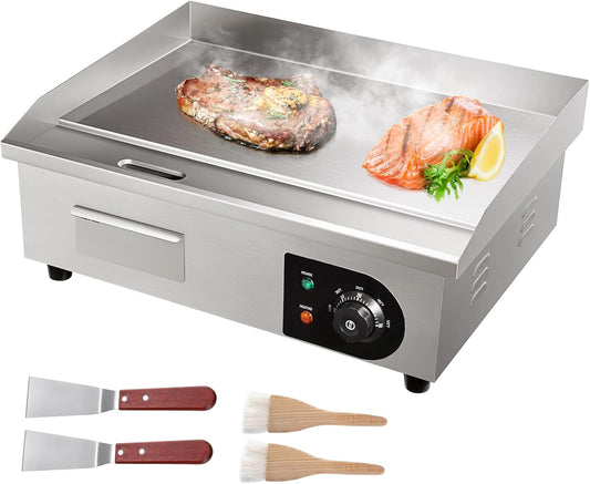 VEVOR Commercial Electric Griddle, 22", 1600W Countertop Flat Top Griddle, Stainless Steel Teppanyaki Grill w\/Iron Cooking Plate, 122-572℉ Adjustable Temp Control 2 Shovels & Brushes, 110V