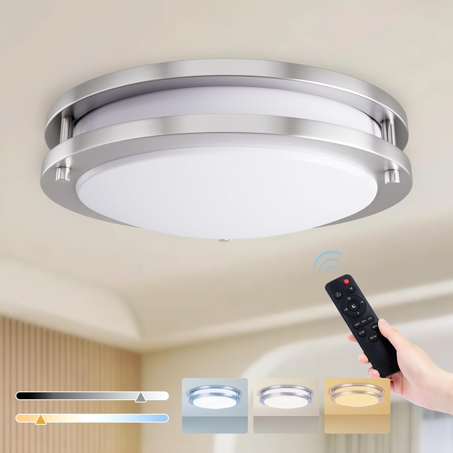 Kalium LED Ceiling Light with Remote 13 Inch Flush Mount Ceiling Light Fixture,24W 3000K-6000K Adjustable Color Temperature,Dimmable Lighting Fixtures for Kitchen Bedroom Hardwired Installation