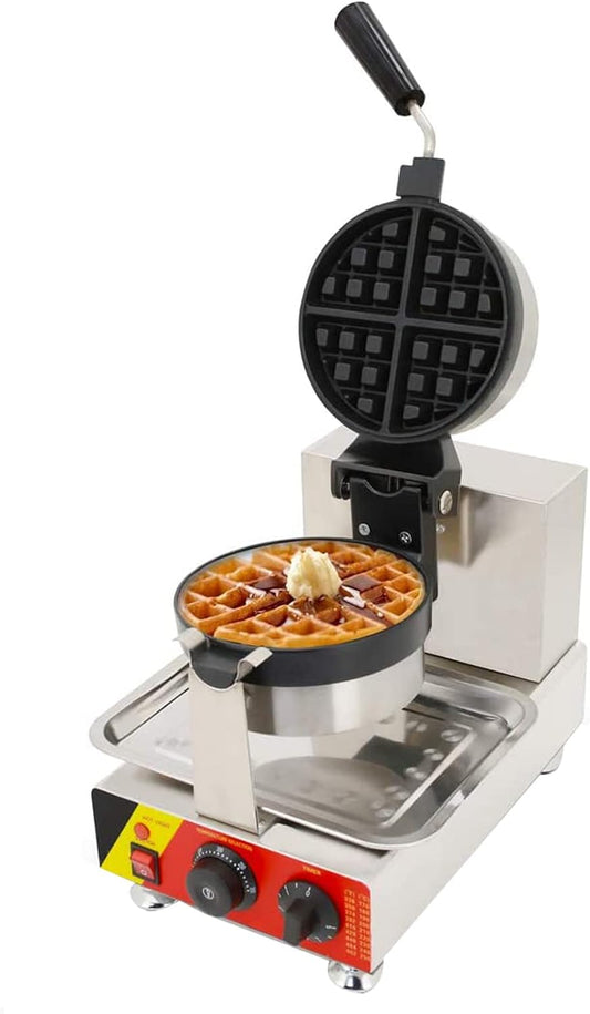 TECHTONGDA Commercial Rotating Belgian Waffle Maker, Nonstick Round Waffle Maker, Single Waffle Iron Baker, Electric Waffle Making Machine with Temperature Time Control for Bakeries Snack Bar Family