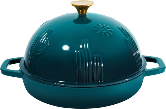 Flavehc Bread Oven Cast Iron Bread Dutch Oven with Cloche Lid for Bread Baking Darkcyan Enameled Cast Iron Bread Oven with Dome Lid for Sourdough, 9.8 Inches