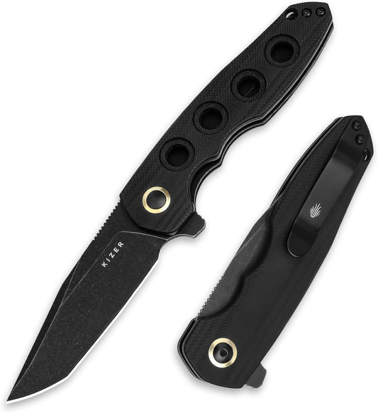 Kizer Z-82 Pocket Folding Knife for Men Women, 3.47" Nitro V Blade Hunting Knife, Black G10 Handle with Rounded Hollow Scale EDC Knife, Flipper & Liner Lock Survival Camping Knife with Clip, V4568A1