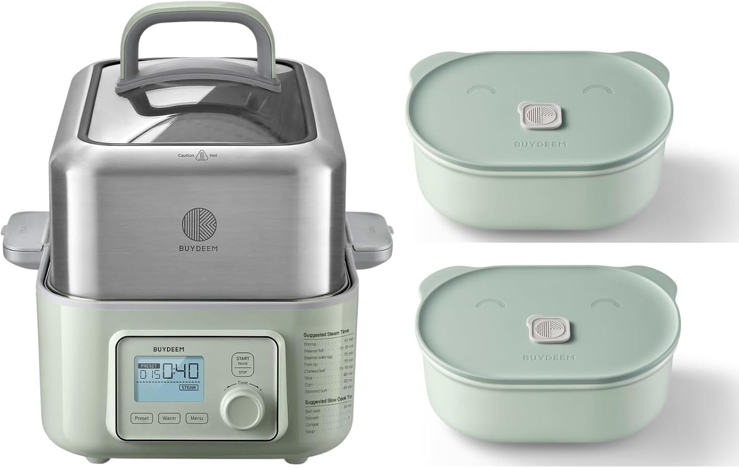 BUYDEEM G553 5-Quart Electric Food Steamer with Two Ceramic Food Storage Container 17oz Cozy Greenish, One Touch Vegetable Steamer, Digital Multifunctional Steamer, No Stew Pots Included