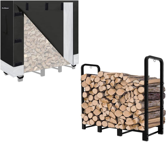 Artibear 4ft Firewood Rack with Waterproof Wood Pile Cover for Outside, Log Rack with Cover for Firewood, Bright Black Wood Holder