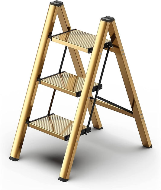 hismocal Foldable 3 Step Stool for Closet\/Kitchen-Aluminium Gold Step Ladder Stools, Folding 330lbs Lightweight Ladders with Anti-Slip Wide Pedal, Portable Kids\/Adults