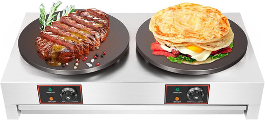 Electric Crepe Maker, 16Inch 3400W Commercial Crepe Maker Electric Pancake Maker With Double Pan Nonstick RoundCrepe Hotplate Griddle Machine For Restaurant Street Snack, 50-300℃ No Plug