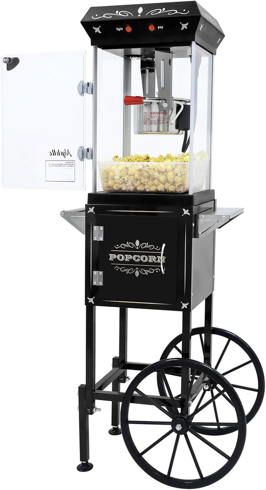 Nyddle Popcorn Machine Maker With 8 Oz Kettle Makes Up to 32 Cups Popcorn Machine Cart Vintage-Style Popper on Wheels Popcorn Machines for Home (Black)
