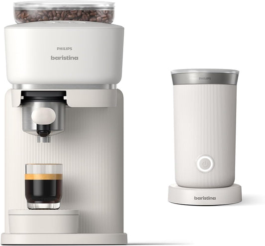Philips Baristina Espresso Machine+Milk Frother Bundle. Real espresso. Compact coffee machine, portafilter, grinder, Cafe Crema. Dairy & Non-Dairy Milk foam\u200B. Hot & Cold. Easy Clean. White (BAR303\/00) (Renewed)