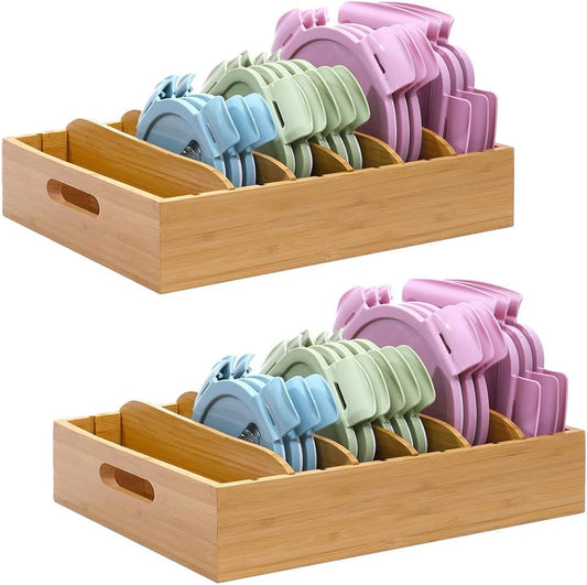 Bamboo Lid Holder Food Container, Kitchen Organizer with 5 Adjustable Dividers, Cabinet Organizer for Food, Kitchen Gadget, Container Lids (2)